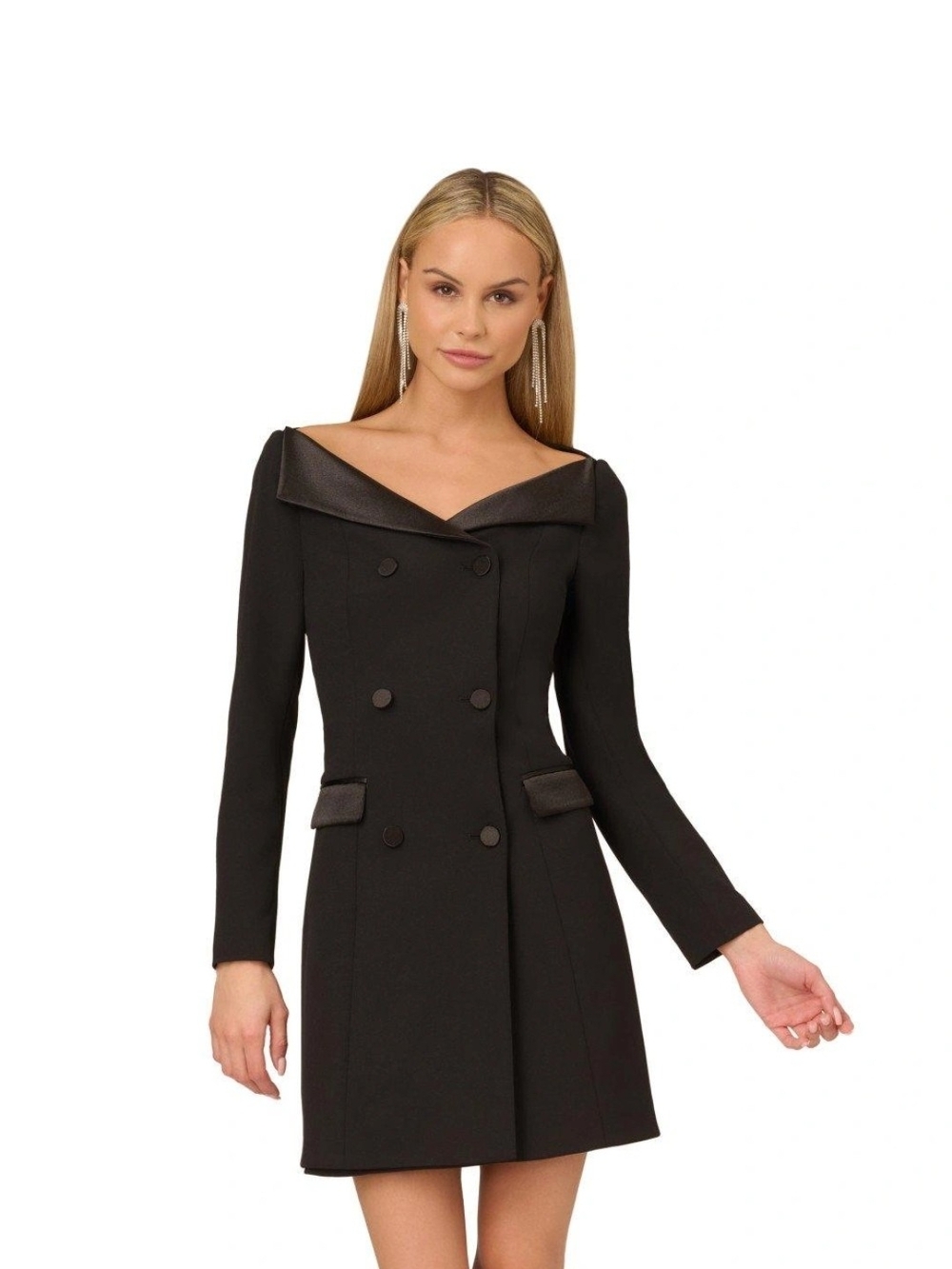 Adrianna Papell Black Off-Shoulder Double-Breasted Blazer Dress